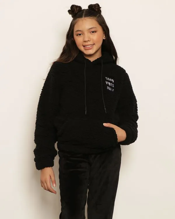 Blusão Juvenil Sherpa Bolso Canguru Com Capuz Preto 10