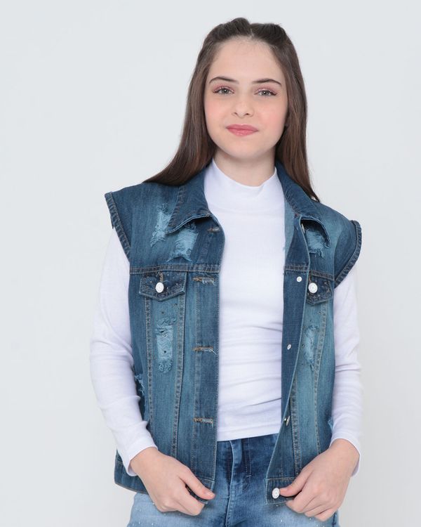 Colete Jeans Juvenil Destroyed Azul 14