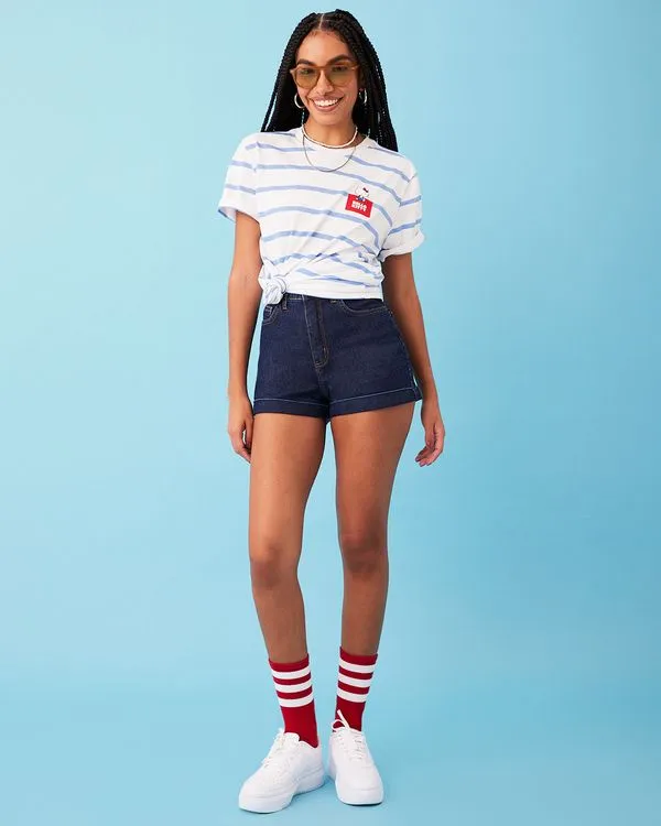 Short Jeans Feminino Curto Barra Dobrada Hot Pants Azul 46