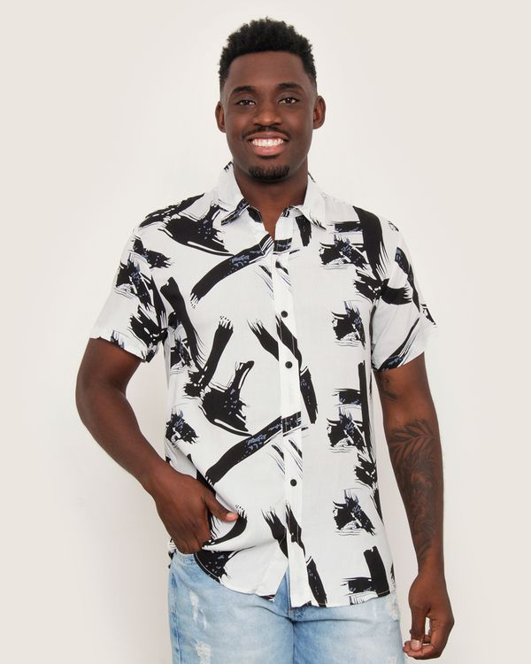 ​Camisa Masculina Manga Curta Viscose Estampada Branca XG