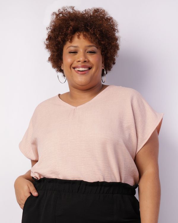 Blusa Plus Size Feminina Manga Curta Decote V Rosa G1