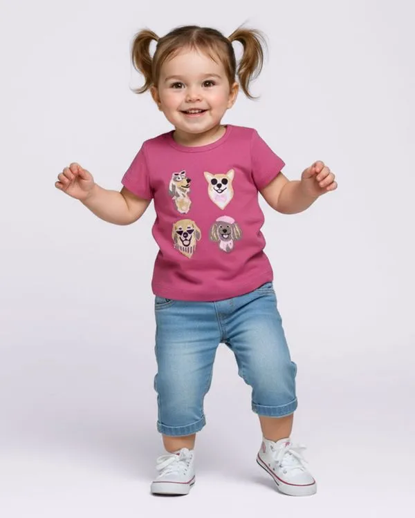Camiseta Bebê Algodão Estampa Cachorrinhos Manga Curta Rosa 2