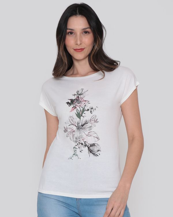 Blusa Feminina Manga Curta Estampa Flores Off White M