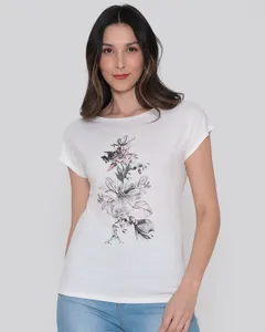 Blusa Feminina Manga Curta Estampa Flores Off White M