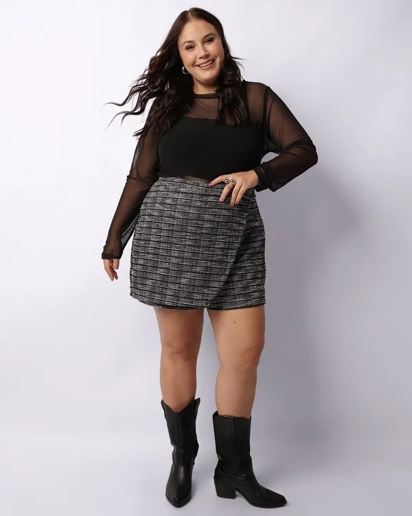 Short Saia Plus Size Feminino Tweed Lurex Preto G2