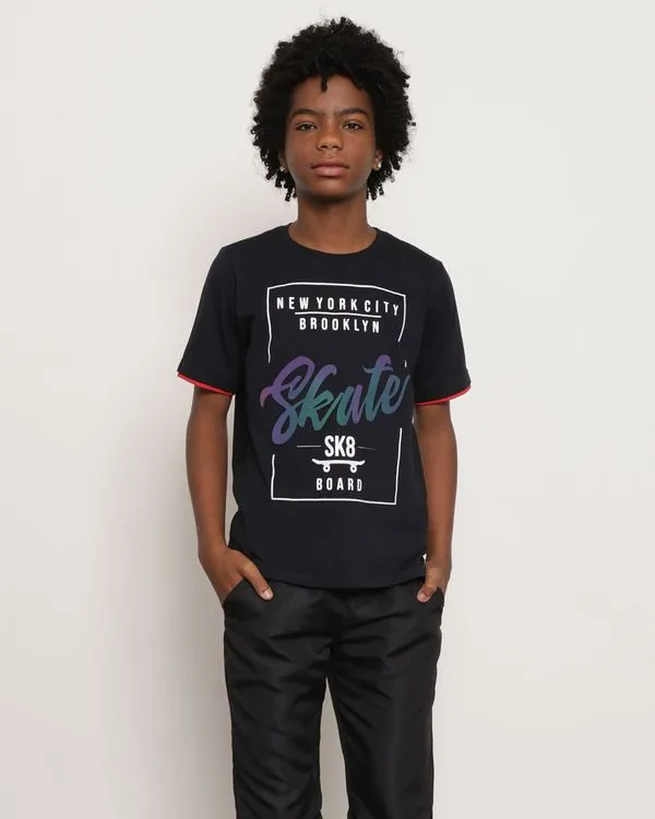 Camiseta Juvenil Aplique Skate Manga Curta Preta 14