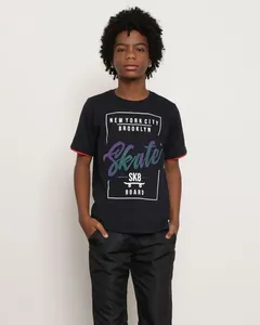 Camiseta Juvenil Aplique Skate Manga Curta Preta 16