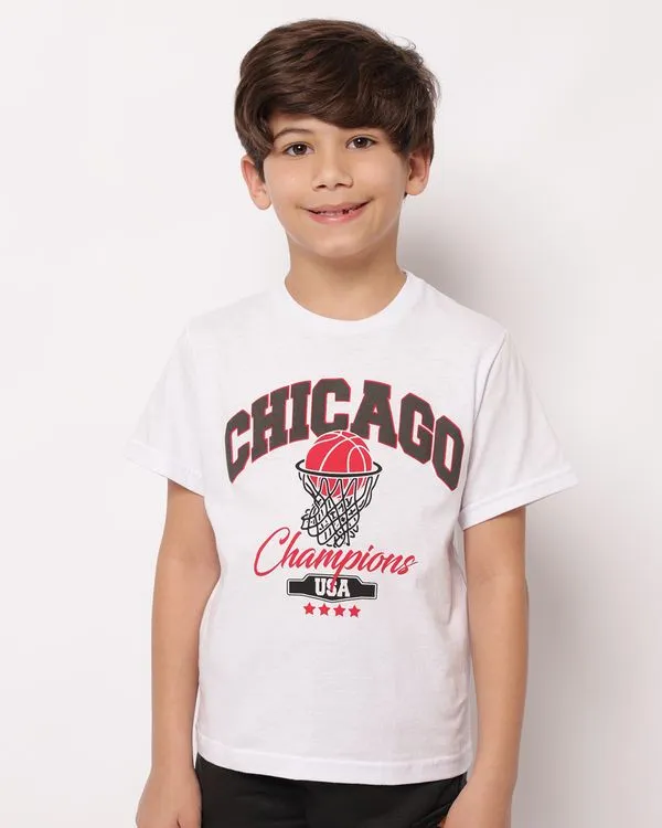 Camiseta Infantil Algodão Estampa Chicago Manga Curta Branca 6