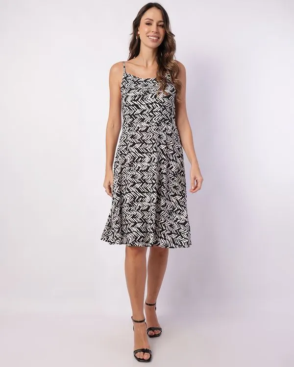 Vestido Feminino Curto Viscose com Alcinha Lastex Estampado Preto P