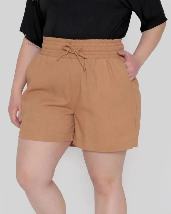 Short Linho Feminino Plus Size Clochard Bege Médio 54