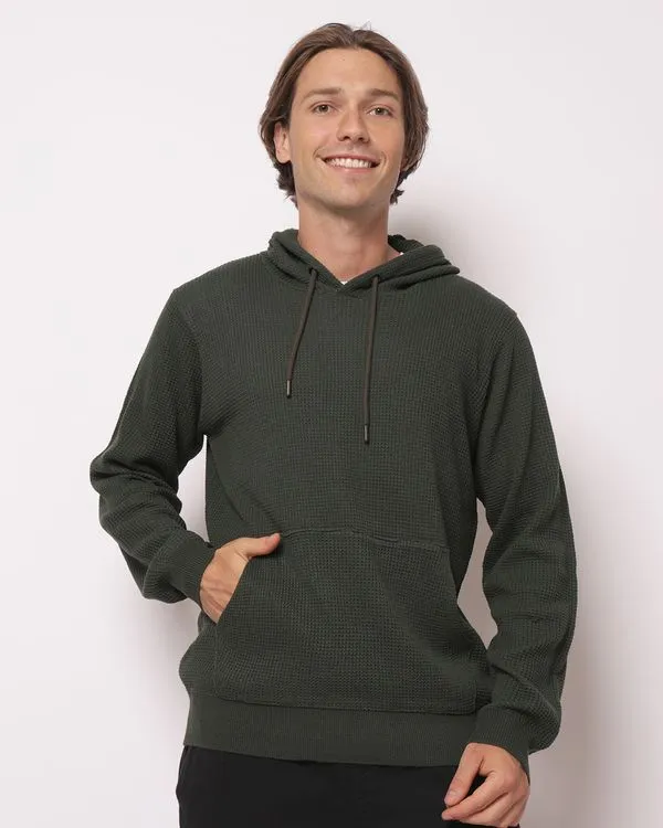 Blusão Masculino Tricô Maquinetado com Capuz Bolsos Verde M