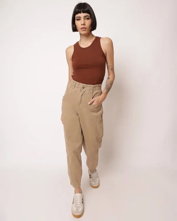 Calça Sarja Feminina Mom Clochard Bege 46