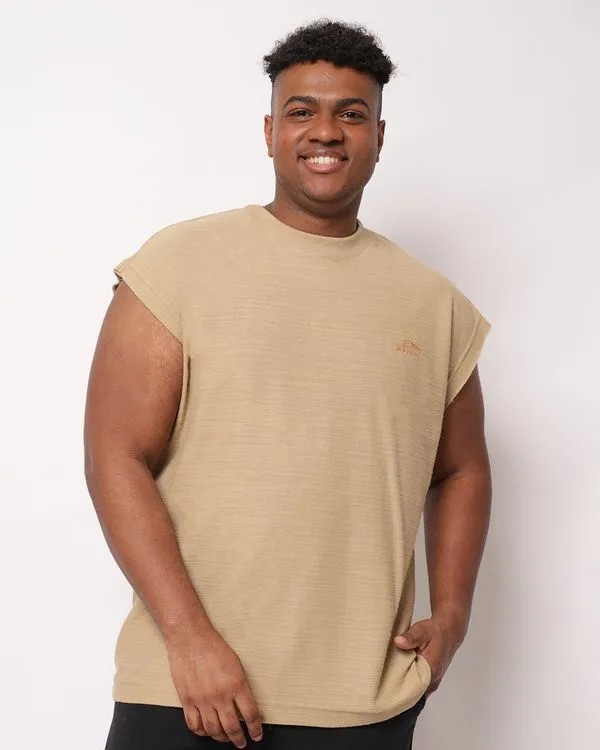 Regata Plus Size Masculina Machão Texturizada Bordado Bege G3