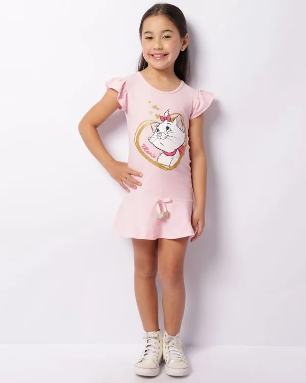 Vestido Infantil Disney Gata Marie Com Glitter Manga Curta Rosa 6