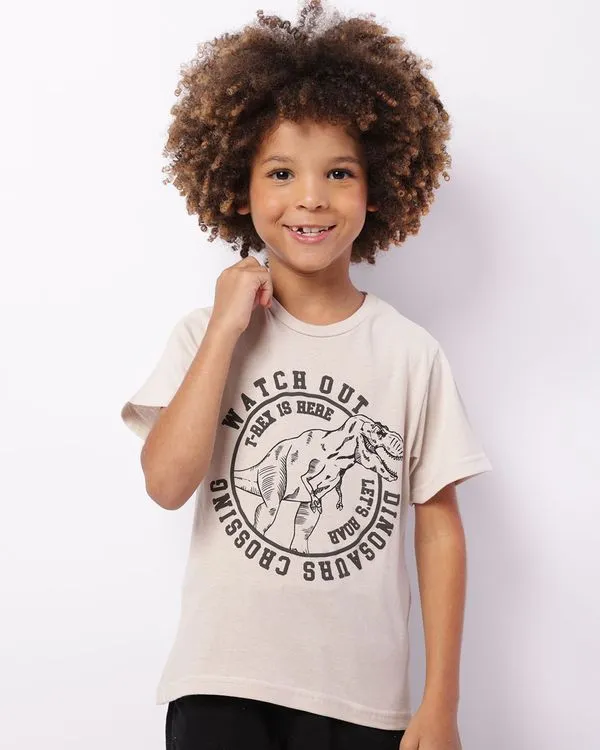 Camiseta Infantil Estampa Dinossauro Manga Curta Bege 4