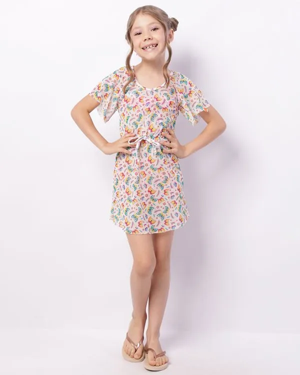 Saída de Praia Vestido Infantil Estampa Borboleta Off White 4