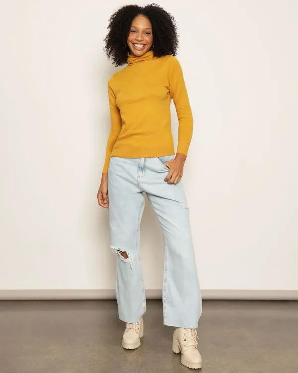 Calça Jeans Feminina Reta Com Destroyeds Azul 42