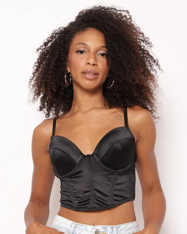 Top Cropped Feminino Corset Acetinado com Bojo Preto P