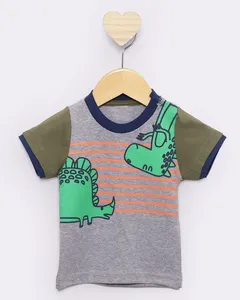 Camiseta Bebê Manga Curta Estampa Dino Cinza P