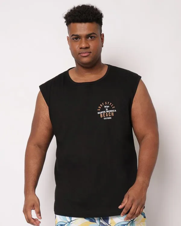 Regata Plus Size Masculina Algodão Estampa Tropical Preta G2