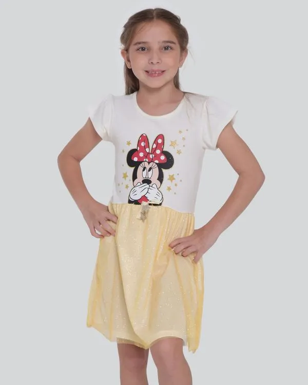 Vestido Infantil Tule Glitter Estampa Minnie Disney Off White 6