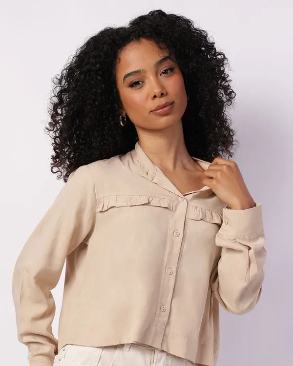 Camisa Feminina Viscose com Babado Manga Longa Bege M