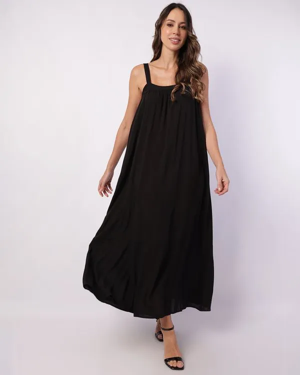 Vestido Feminino Longo Viscose com Alcinha Elástico Preto G