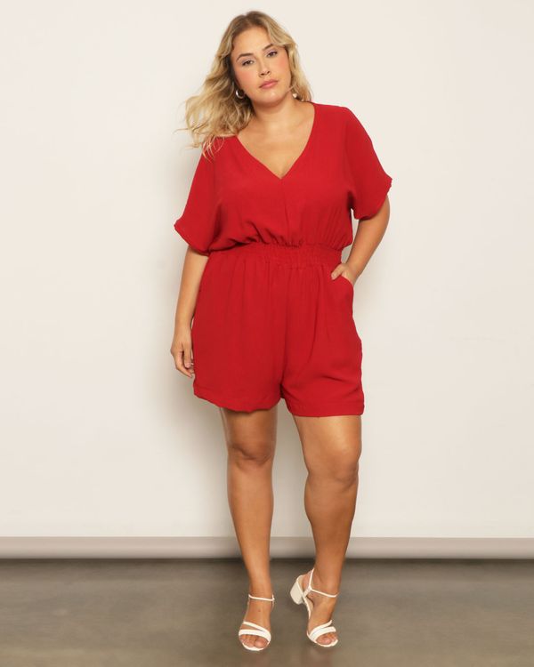 Macaquinho Plus Size Feminino Curto Dunas Com Elástico Vermelho G1