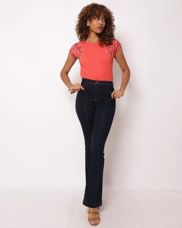 Calça Jeans Feminina Bootcut Frisos Azul 46