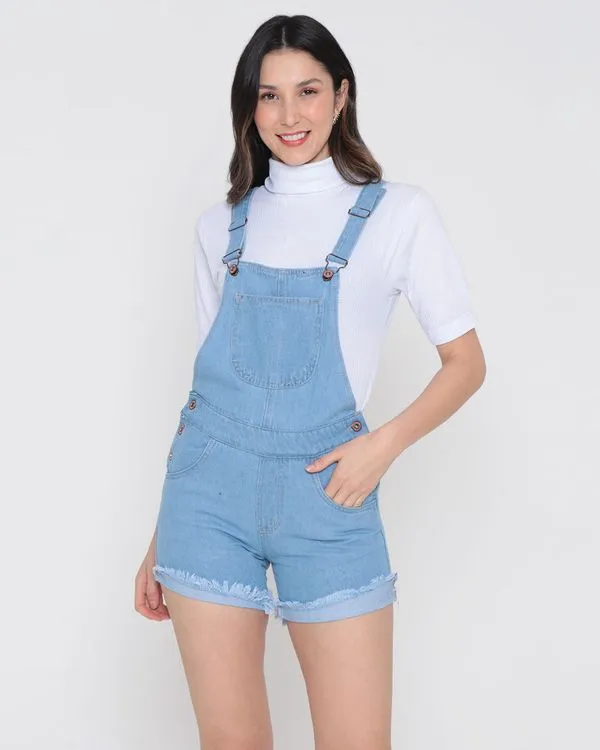 Jardineira Jeans Feminina Barra Desfiada Azul Claro 36