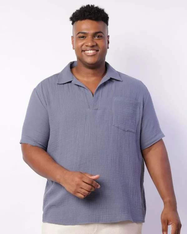 Camisa Plus Size Masculina Texturizada Manga Curta Azul G3