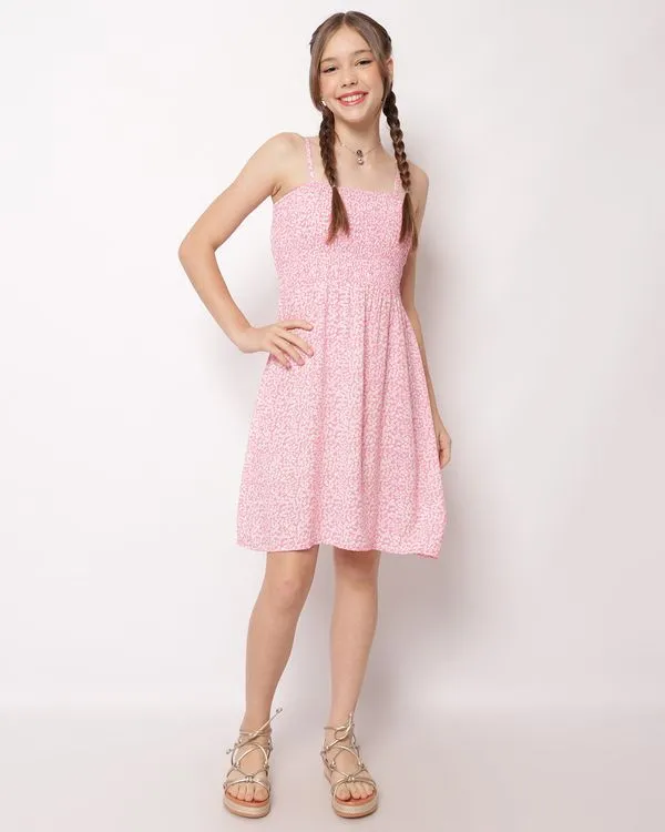 Vestido Juvenil Curto Viscose Berry & Co. Estampado Rosa 12