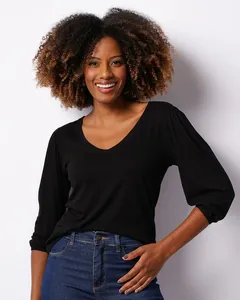 Blusa Feminina Viscose Canelada Manga 3/4 Decote V Preta GG