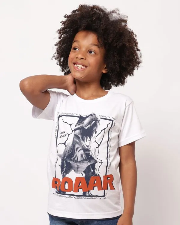 Camiseta Infantil Algodão Estampa Dinossauro Manga Curta Branca 4
