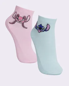Kit 2 Pares de Meia Infantil Disney Stitch Cano Curto Rosa 22 A 25