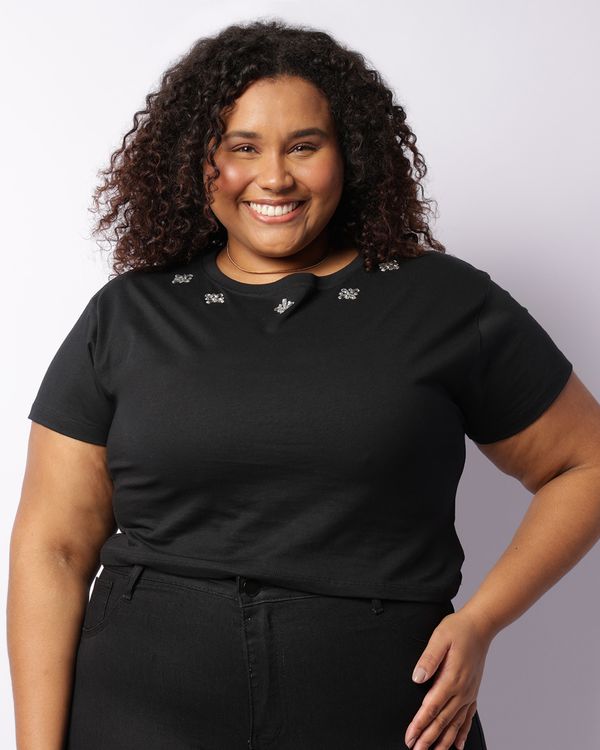 Blusa Plus Size Feminina Cropped Decote Com Strass Preta G2