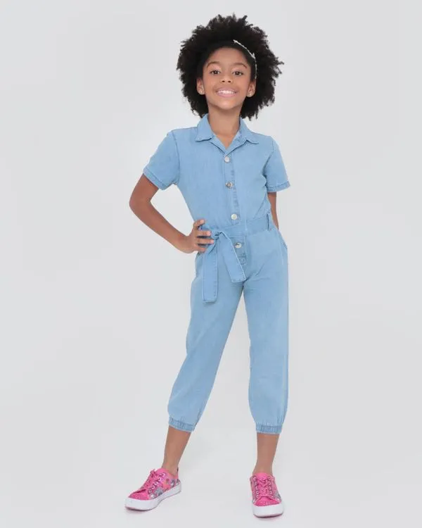Macacão Jeans Infantil Jogger Azul Claro 4
