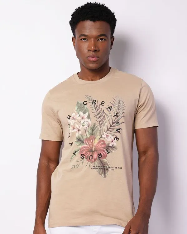 Camiseta Masculina Manga Curta Estampa Floral Bege GG