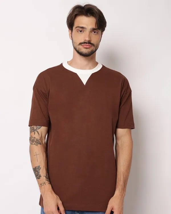 Camiseta Masculina Oversized Algodão Detalhe na Gola Marrom GG