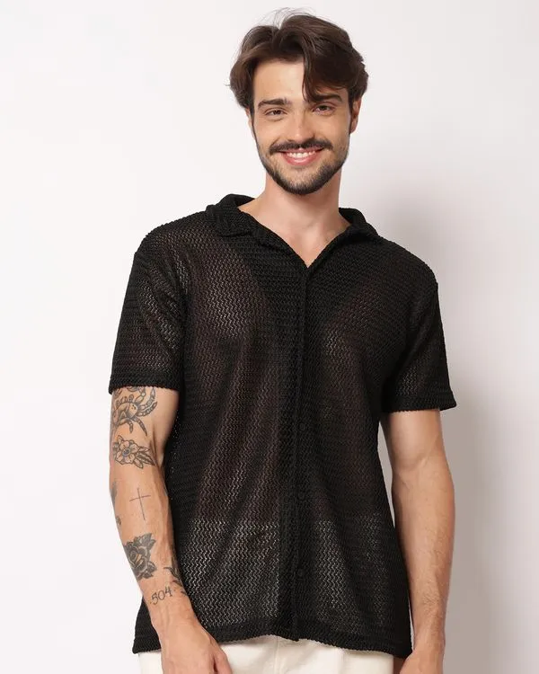 Camisa Masculina Tricô Vazado Manga Curta Preta G