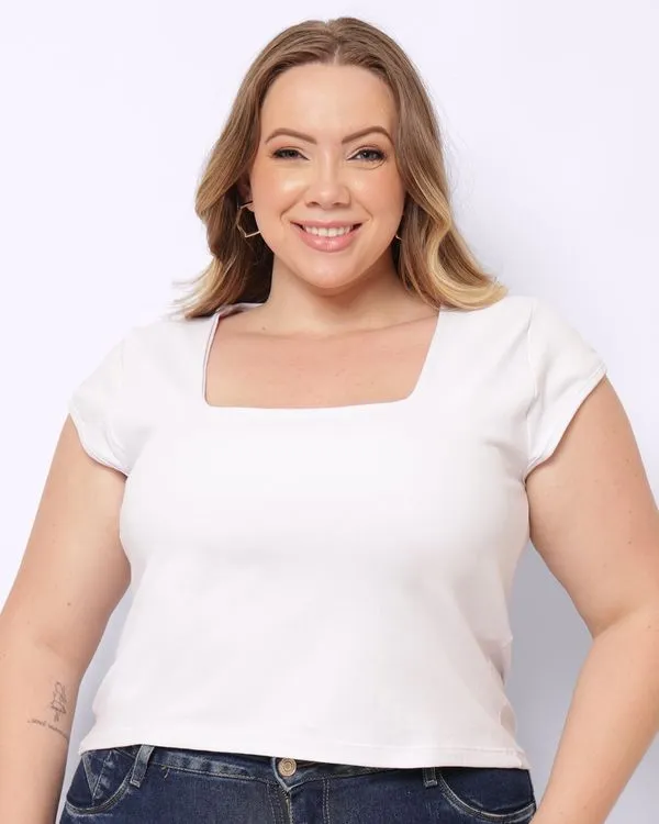 Blusa Plus Size Feminina Cropped Algodão Decote Quadrado Branca G1