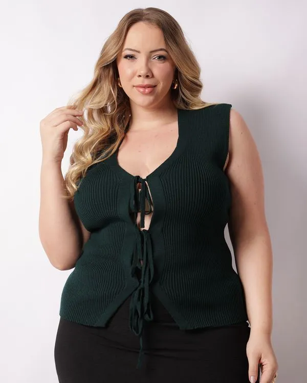 Colete Plus Size Feminino Tricô Decote V Amarração Verde G1