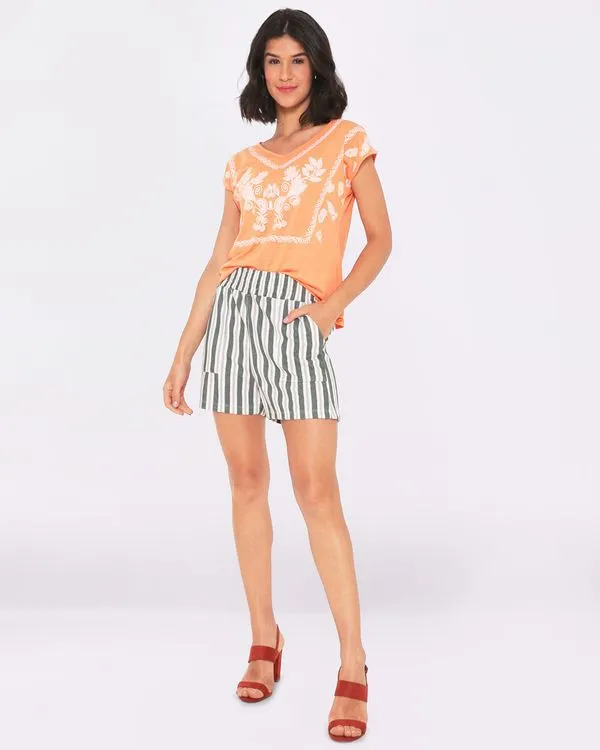Short Feminino Sustentável Estampa Listrada Verde GG