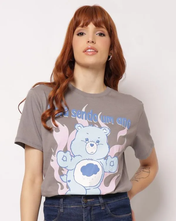 Camiseta Feminina Ursinhos Carinhosos Oversized Cinza M