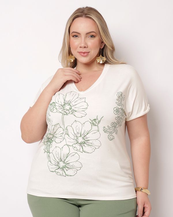 Blusa Plus Size Feminina Estampa com Strass Manga Curta Off White G3