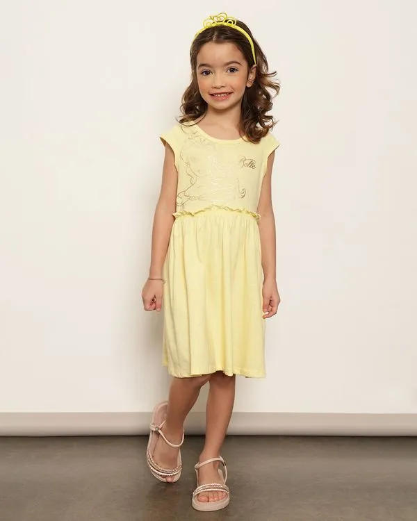 Vestido Infantil Curto Disney Bela Com Brinde Tiara Amarelo 4