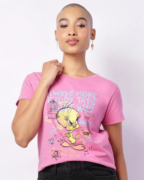 Camiseta Feminina Looney Tunes Piu Piu Manga Curta Rosa M