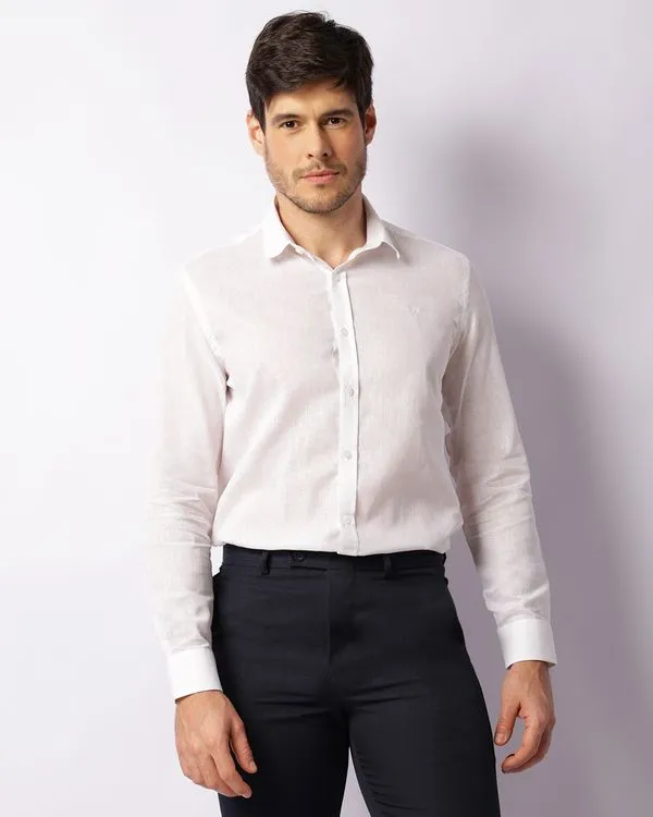 Camisa Masculina Linho Manga Longa Com Botões Branca 4