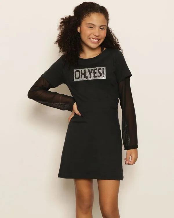 Vestido Juvenil Curto Manga Longa Em Tule Preto 16