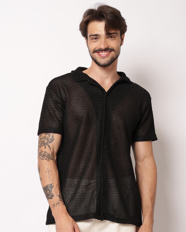 Camisa Masculina Tricô Vazado Manga Curta Preta P